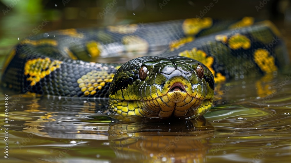 A large green and yellow snake is swimming in a body of water A large green and yellow snake is swimming in a body of water