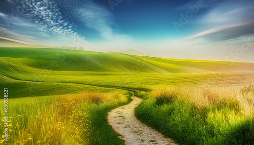Scenic dirt road leading through a golden field Warm sunset over rural dirt road and field vibrant green grass field in a hilly area during the morning at dawn against a backdrop of a blue sky 