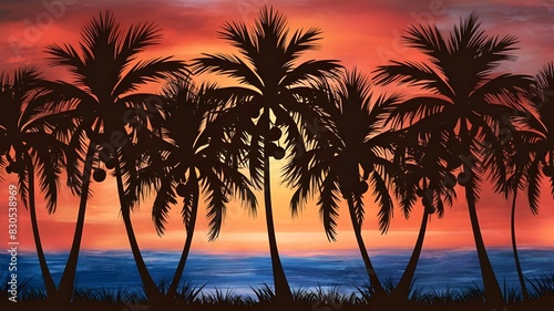 Set of coconut palm trees silhouette.