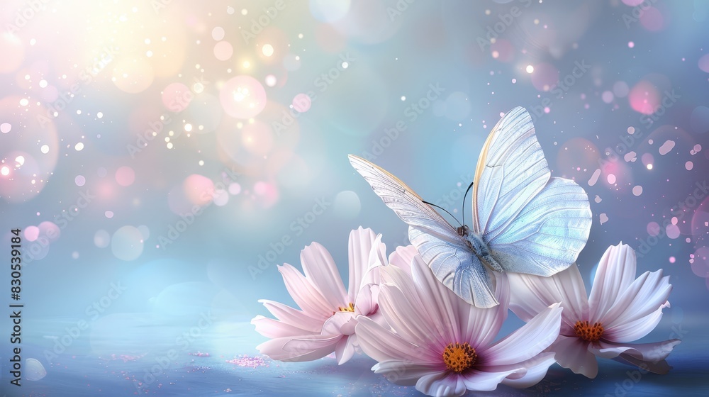  A blue-and-white butterfly sits on a pink flower against a blue-pink background A halo of light radiates from behind its wings