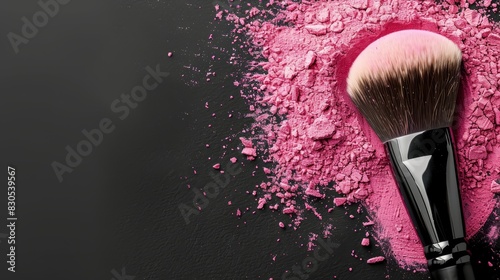  A tight shot of a pink-hued makeup brush against a black backdrop The bristles hold a smattering of pink powder in its midst, mirrored by an identical pile photo