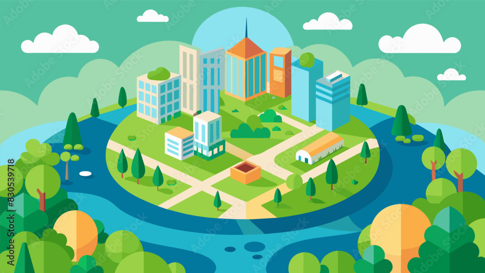 From my aerial view I could see the green spaces tered throughout the city a balance between urban development and nature.. Vector illustration From my aerial view I could see the green spaces tered throughout the city a balance between urban development and nature.. Vector illustration