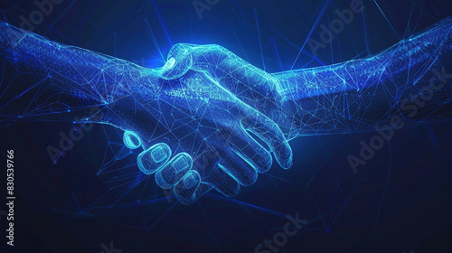 Two wire-frame glowing hands in a handshake captures the essence of technology and business collaboration, technology concept