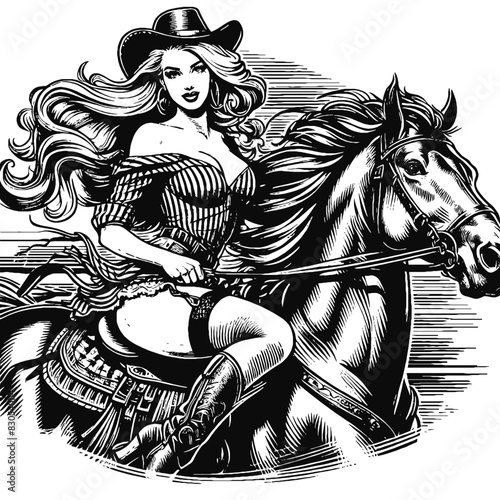 Pin up  a woman on a horse, black and white vector
