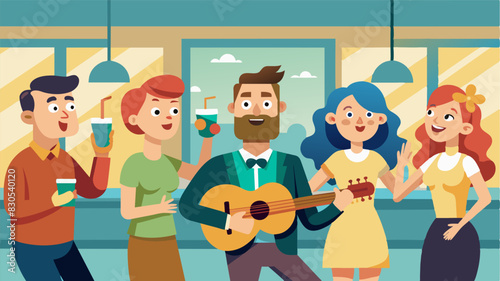 The lively sounds of a ukulele and a group of singers serenading unsuspecting coffee shop customers with a surprise flash mob.. Vector illustration