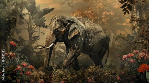 An exquisite depiction of an Asian elephant set against a backdrop of nature photo