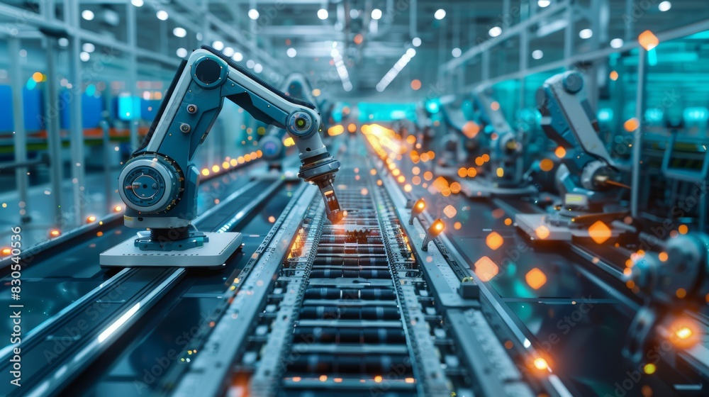 Depict a highly automated manufacturing facility with robotic arms, assembly lines, and engineers overseeing the production process in a technologically advanced environment Depict a highly automated manufacturing facility with robotic arms, assembly lines, and engineers overseeing the production process in a technologically advanced environment