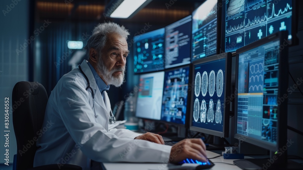 Depict a telemedicine session with a doctor consulting a patient remotely, using high-resolution screens, medical data sharing, and advanced diagnostic tools Depict a telemedicine session with a doctor consulting a patient remotely, using high-resolution screens, medical data sharing, and advanced diagnostic tools