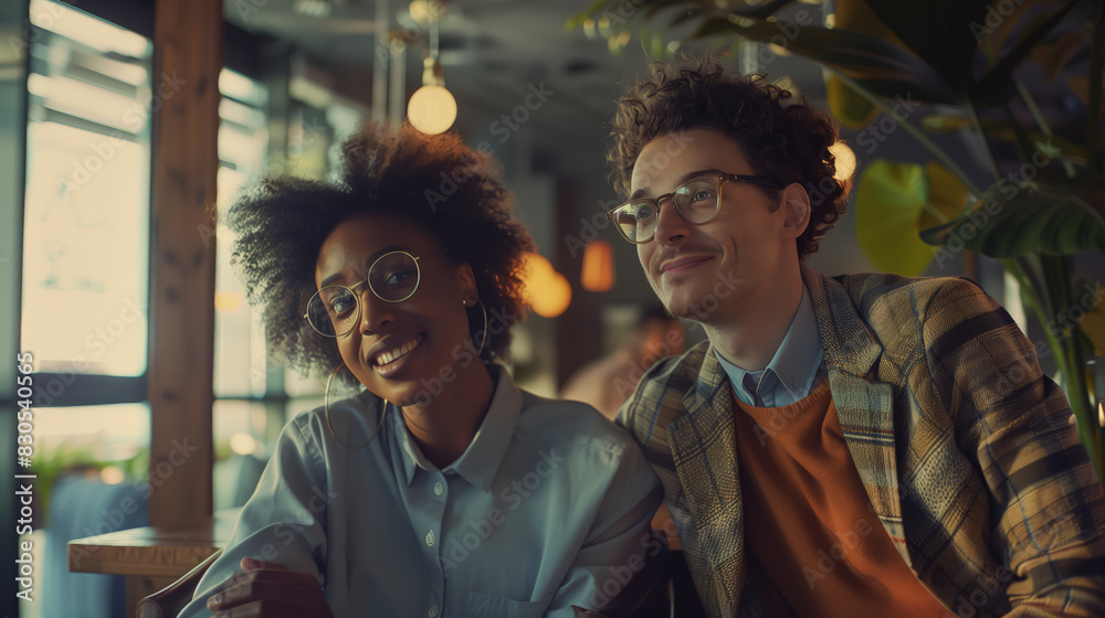 A beautiful heterosexual couple in a restaurant. A young man and a woman are sitting at a table in a cafe. A woman with glasses and smiling A beautiful heterosexual couple in a restaurant. A young man and a woman are sitting at a table in a cafe. A woman with glasses and smiling