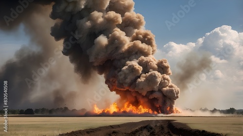 A controlled explosion of unexploded ordnance in an empty field with a plume of smoke and fire rising into the sky -