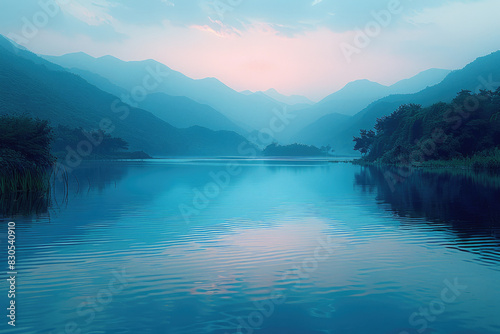 Dusk falls over mountains, with a calm lake reflecting the last light of the day © Venka