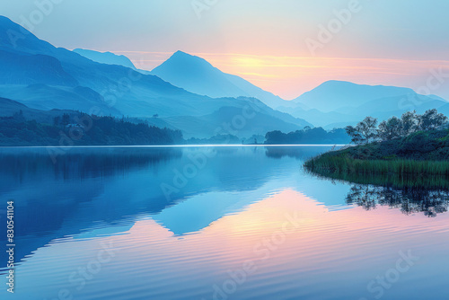 Dusk falls over mountains, with a calm lake reflecting the last light of the day