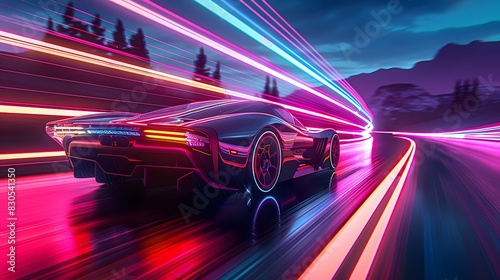 A futuristic supercar streaks across a neon-lit highway, leaving a trail of light in its wake.