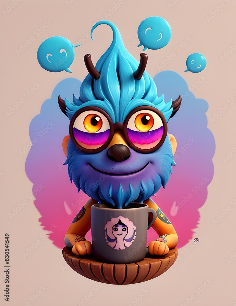 Fototapeta premium a cartoon of a colorful monster with mug on the table