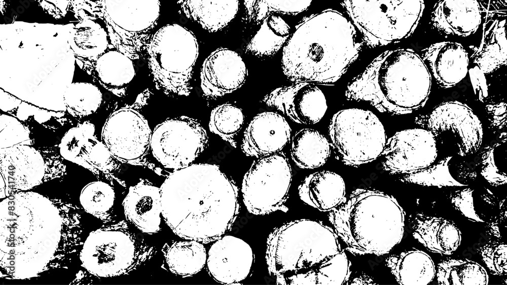 12-48. Loaded Log Texture Effect - Illustration Old Firewood Black and White Vector Texture.