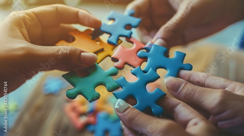 Hands connecting jigsaw pieces, signifying the joining of different skills and expertise.