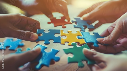 Hands connecting jigsaw pieces, signifying the joining of different skills and expertise.