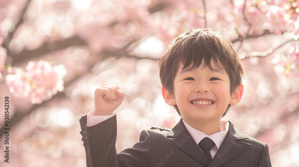 Joyful young Asian boy celebrating under cherry blossom trees, springtime cheer and vibrant nature Joyful young Asian boy celebrating under cherry blossom trees, springtime cheer and vibrant nature