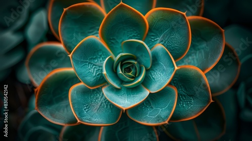  A close-up of a green flower with orange stamens in its center against a dark backdrop of blue and green leaves photo