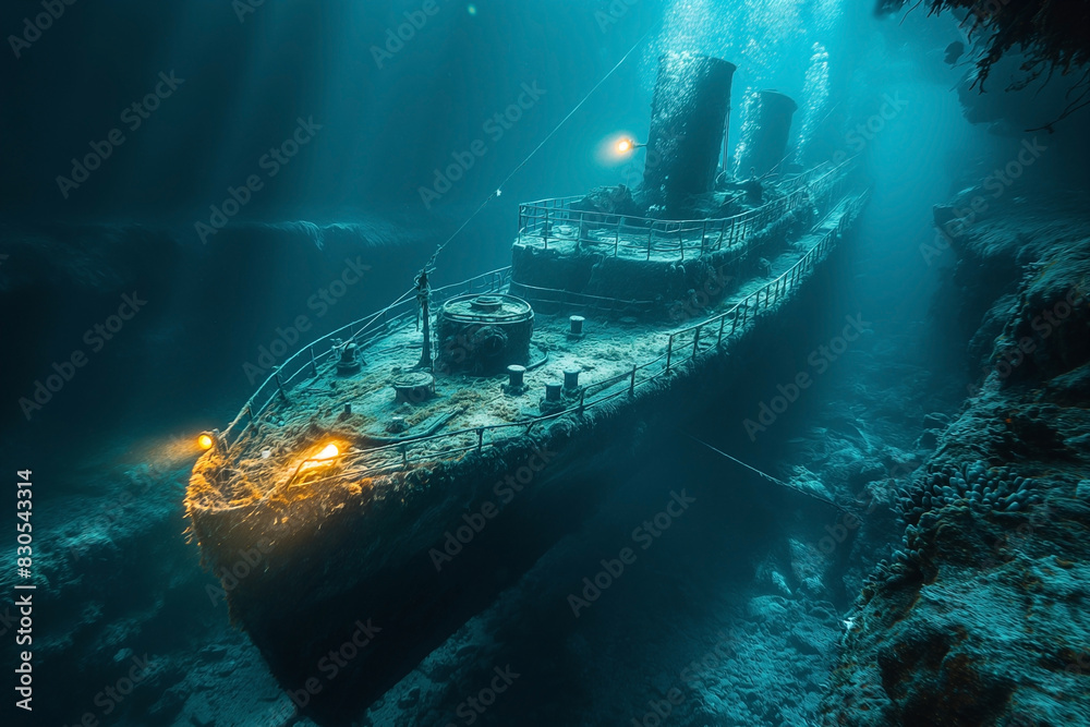 Deep water scene , a sunken ship sink under the sea Deep water scene , a sunken ship sink under the sea