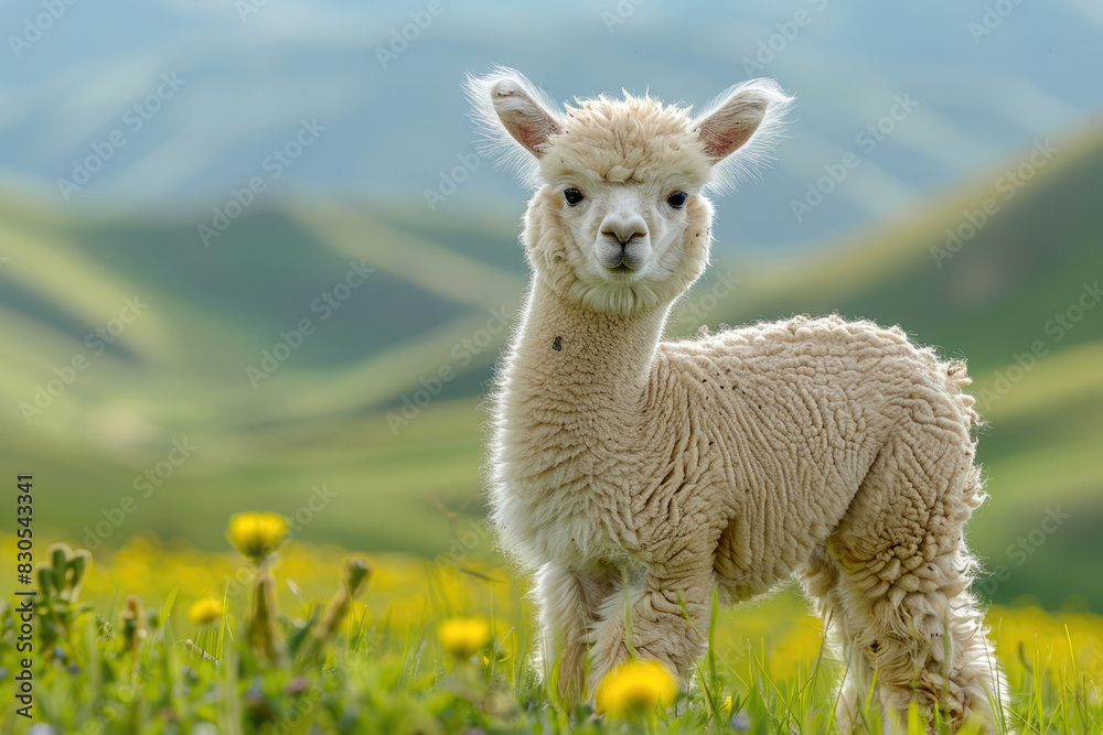 A baby alpaca standing in a green pasture, looking fluffy and curious