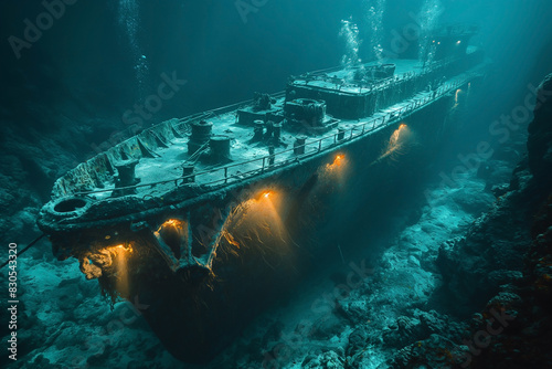 Deep water scene , a sunken ship sink under the sea