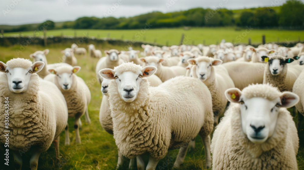 Fototapeta premium Flock of white sheep in the pasture representing conformity and herd mentality