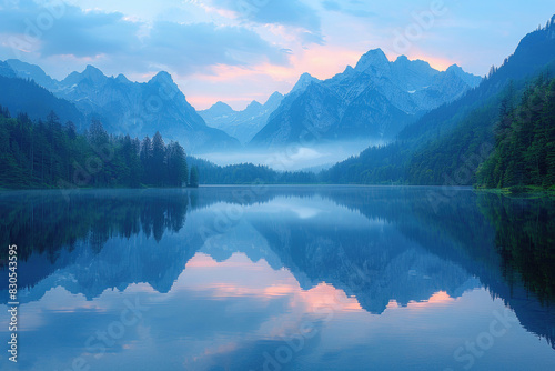 Twilight sky reflects on a calm mountain lake  creating a peaceful mirror image