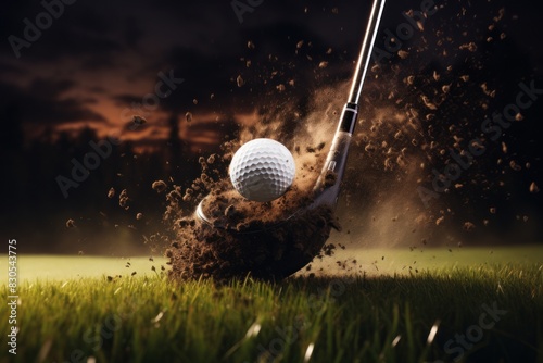 Golf Ball Struck by Golf Club in Dirt. Generative AI photo