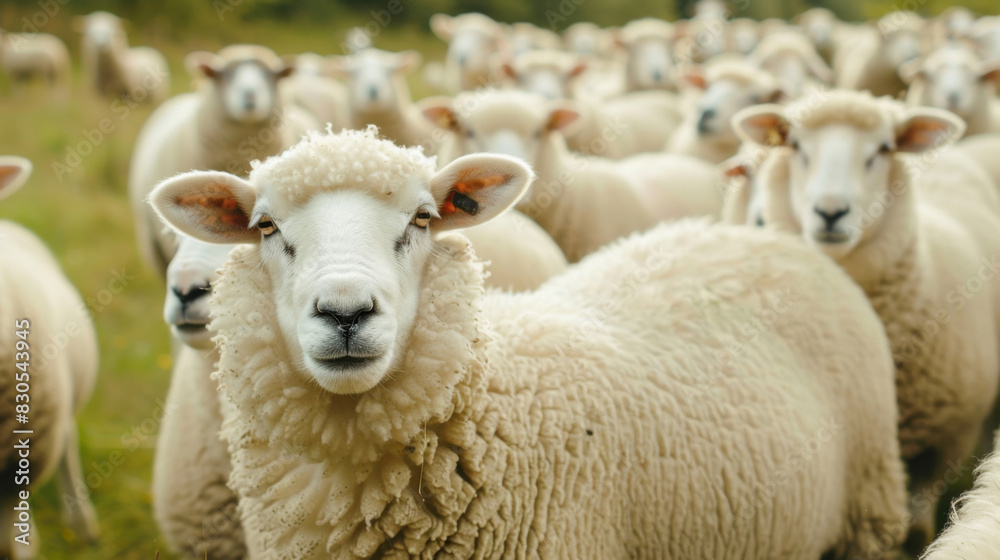 Flock of white sheep in the pasture representing conformity and herd mentality Flock of white sheep in the pasture representing conformity and herd mentality