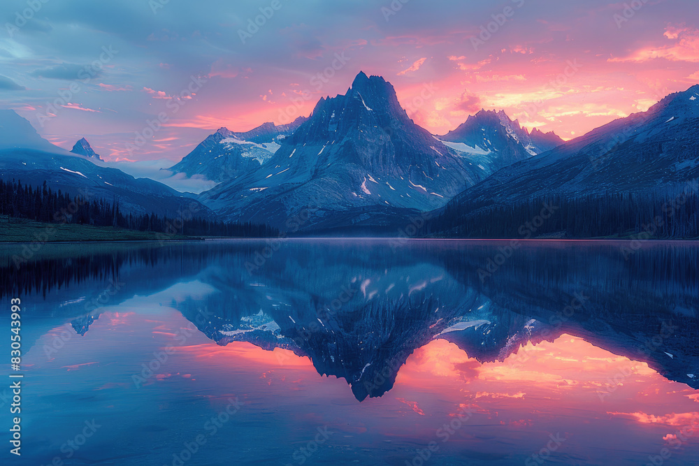 Twilight sky reflects on a calm mountain lake, creating a peaceful mirror image