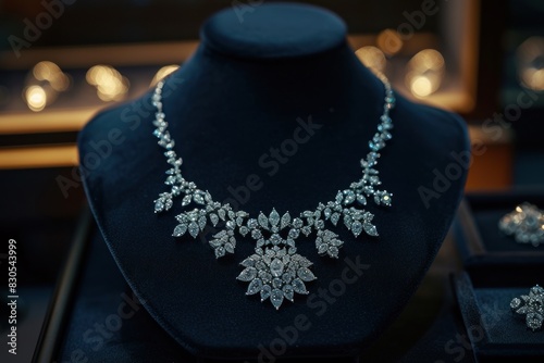 Diamond Necklace and Earrings Displayed in Jewelry Store. Generative AI