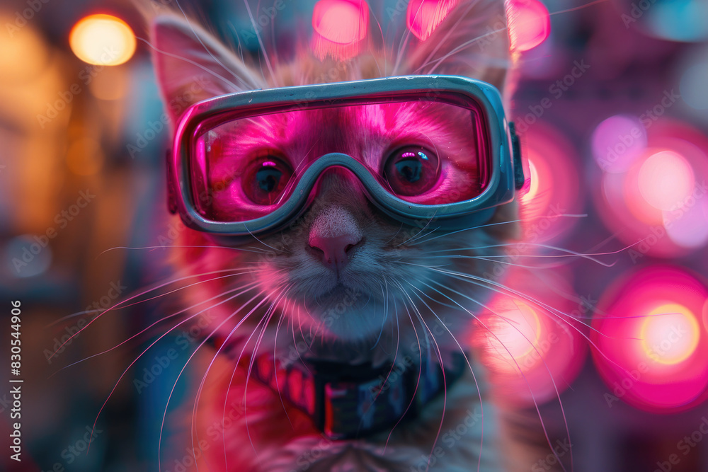 Kitten in VR goggles, pink-lit, set against a neon futuristic room