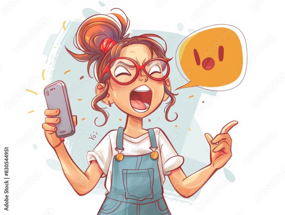young girl wearing glasses Hold the phone in one hand and shout out a moment of surprise or excitement. young girl wearing glasses Hold the phone in one hand and shout out a moment of surprise or excitement.