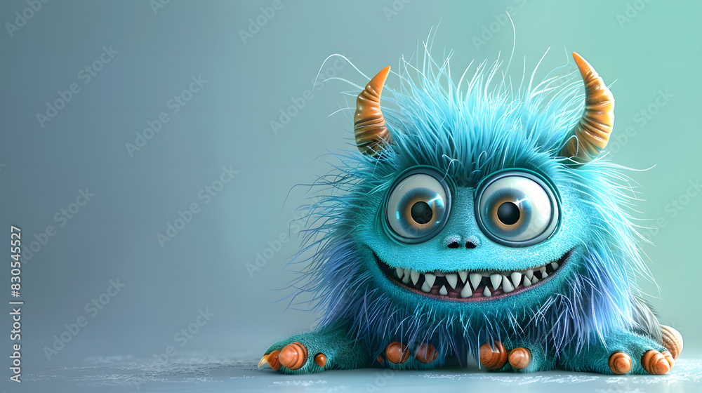 Fototapeta premium Cute blue furry monster 3D cartoon character
