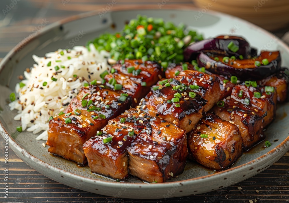 Delicious Asian-Inspired Meal with Caramelized Pork and Eggplant Generative AI Delicious Asian-Inspired Meal with Caramelized Pork and Eggplant Generative AI
