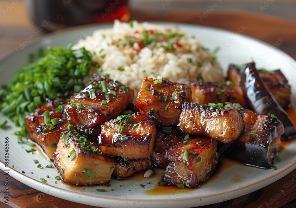 Delicious Asian-Inspired Meal with Caramelized Pork and Eggplant Generative AI Delicious Asian-Inspired Meal with Caramelized Pork and Eggplant Generative AI