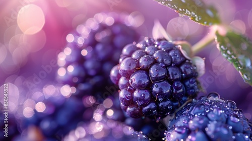 Vibrant close-up of fresh blackberries with water droplets under soft lighting, revealing the intricate details and colors. Generative Ai