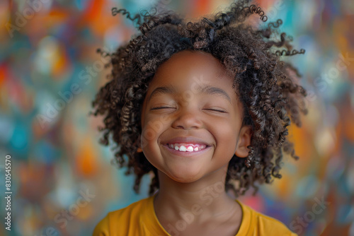 A little Black child laughing playfully with eyes closed