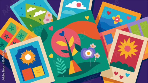 A vibrant display of different types of handcrafted cards made by residents at the local workshop using various art techniques to express their creativity and emotions.. Vector illustration