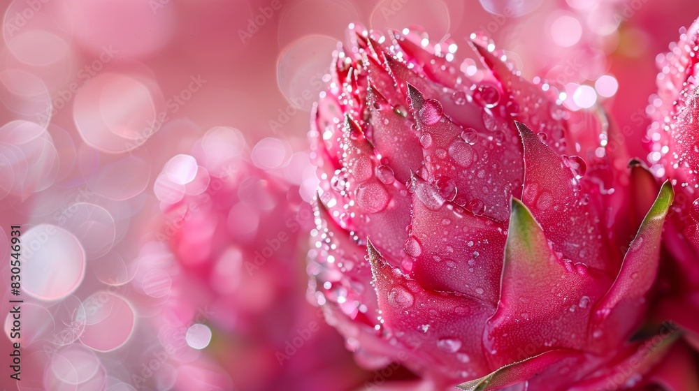 Close up of fresh pink dragon fruit with water droplets highlighting its vibrant color and natural freshness. Generative Ai