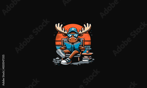 moose wearing sun glass reading book vector flat design