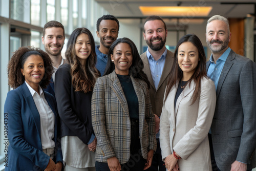 A diverse team of professionals posing with a smile in a modern office