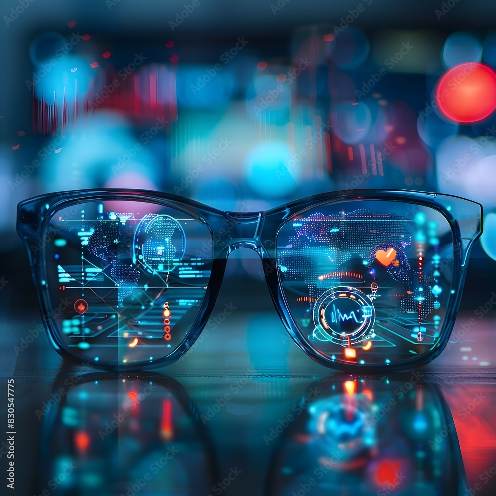 Futuristic Smart Eyeglasses Displaying Health Data and Notifications on Blurred Colorful Background Futuristic Smart Eyeglasses Displaying Health Data and Notifications on Blurred Colorful Background