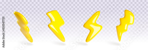 3d thunder icon. Energy lightning electric charge. Isolated yellow speed element. Electronic blitz deal graphic set. Thunderbolt shape symbol design for weather warning on transparent background