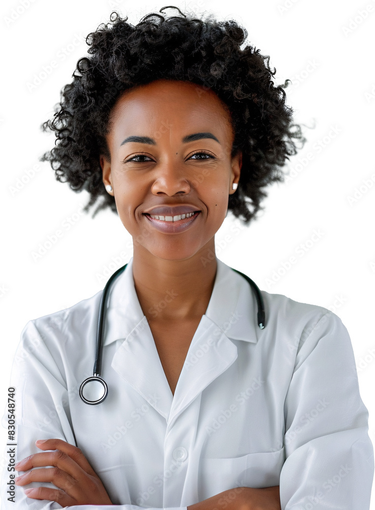 A woman with curly hair is wearing a white lab coat and holding a stethoscope A woman with curly hair is wearing a white lab coat and holding a stethoscope