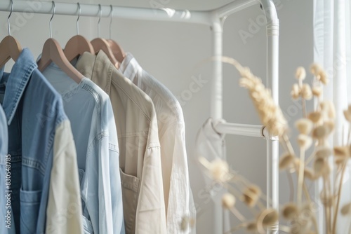 Clean clothes on hangers after dry-cleaning - high-quality photo on white background photo