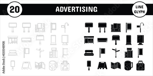 Advertising Line Glyph Vector Illustration Icon Sticker Set Design Materials