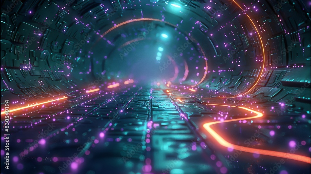 Obraz premium Abstract technology background As we navigate the digital maze, the neon lights serve as our guideposts, leading us towards new frontiers of exploration and discovery. Generative AI.