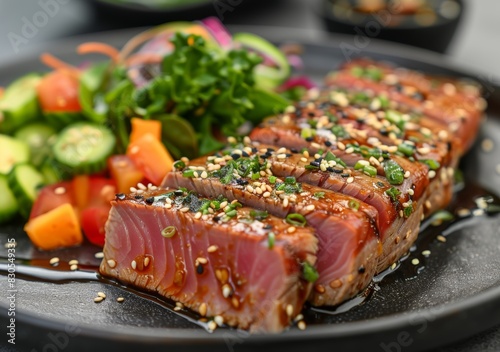 Asian Inspired Steak Dish with Sesame Seeds and Vegetables Generative AI